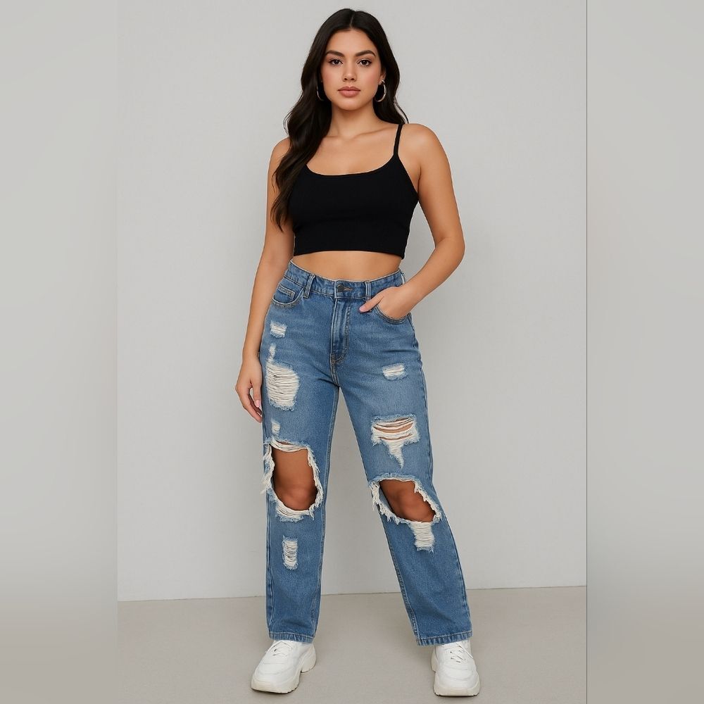Distressed Blue Jeans 9 Grunge Y2K Baddie Streetwear Casual Ripped High Rise Bal